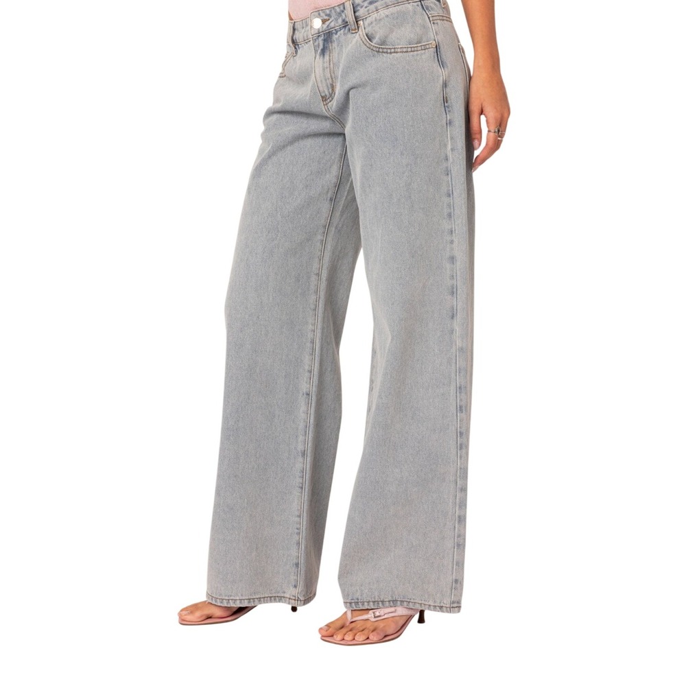 Edikted Bow Pocket Low Rise Baggy Jeans XS Light Wash 100% Cotton Coquette
